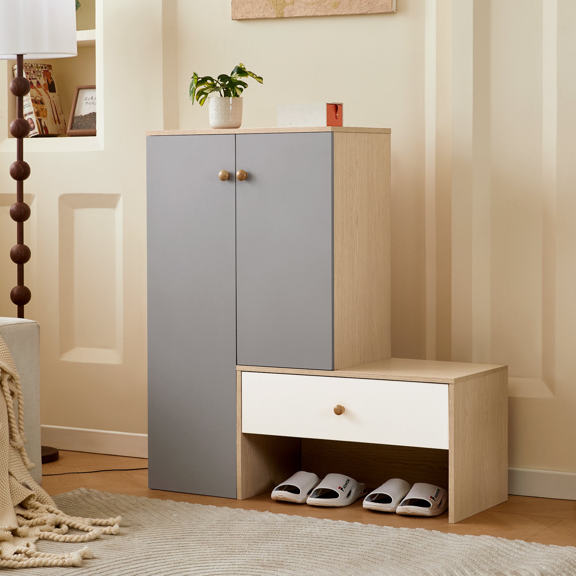 Multi-functional Shoe Storage Bench & Shoe Cabinets, Shoe Rack with Bench, Adjustable Shelves for Hallway, Entryway, White & Gray
