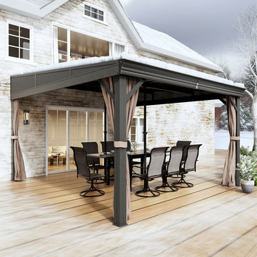 Outdoor Wall-Mounted Hardtop Gazebo Aluminum Frame Galvanized Steel Roof Sunroom with Curtains and Netting
