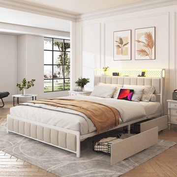 Full Size Platform Bed with 4 Drawers, Metal Bed Frame with LED Lights and Charging Station, No Box Spring Needed, (Beige), Noise Free,Easy Assemble.