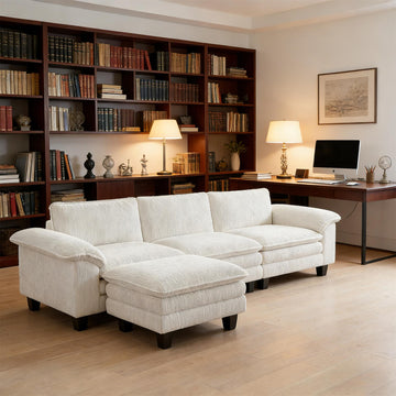 L-Shaped Sectional Sofa Corduroy Conversation Sofa Beige Modular Couch with Ottoman