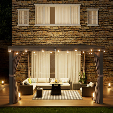 Outdoor Wall-Mounted Hardtop Gazebo Aluminum Frame Galvanized Steel Roof Sunroom with Curtains and Netting
