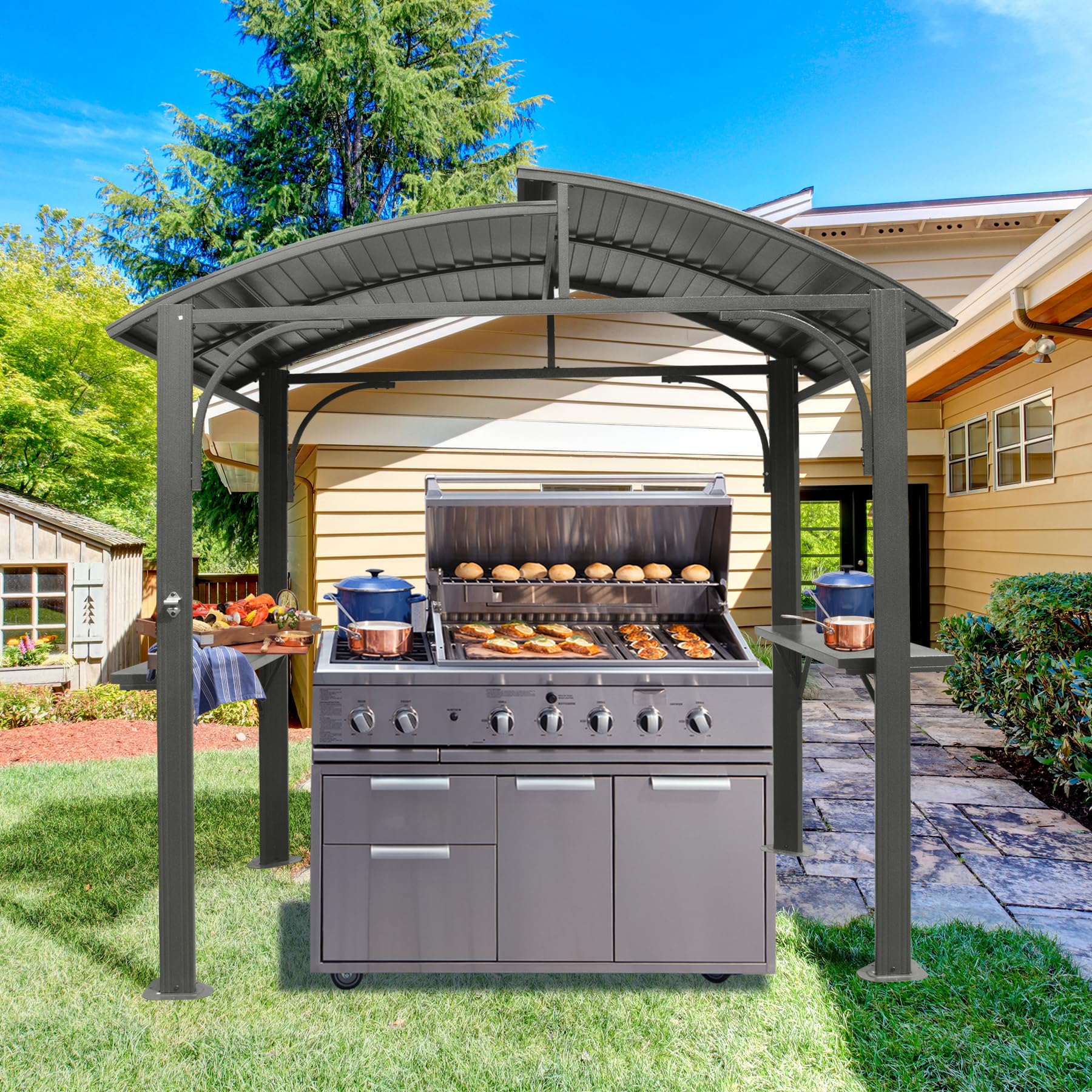 8x5FT Arc Roof, Grill Canopy for Outdoor Grill w/Double Galvanized Steel Roof and 2 Side Shelves, BBQ Gazebo Grill Tent for Patio Garden Backyard, Grey/Brown