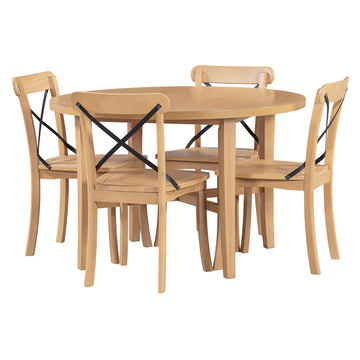 5-piece Dining Set, Retro Simple Round Table and 4 Chairs with X-shaped Backrest for Kitchen, Dining Room and Living Room (Natural)