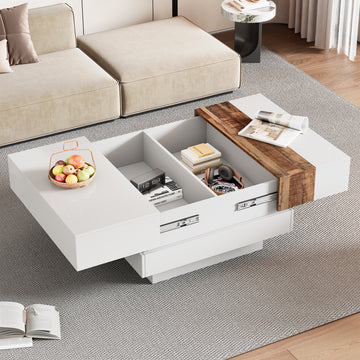 31.4'' x 31.4'' Square Coffee Table with Sliding Tabletop, High Gloss Center Table with Hidden Storage Compartment, Extendable Cocktail Table with Walnut Grain Finish for Living Room, White/Black