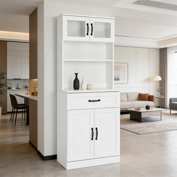 White Kitchen Buffet Cabinet with Glass Doors, 5-Tier Storage Cabinet