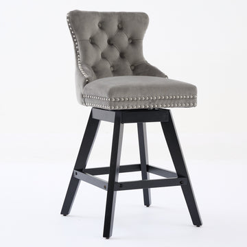 Swivel Velvet Barstools with Button Tufted Decoration and Wooden Legs, and Chrome Nailhead Trim, Leisure Style Bar Chairs,Bar stools, Set of 2