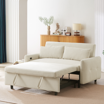 57.48" Pull-out Sofa Bed Convertible Couch 2 Seat Loveseat Sofa Modern Sleeper Sofa with Two Throw Pillows and USB Ports for Living Room, Beige