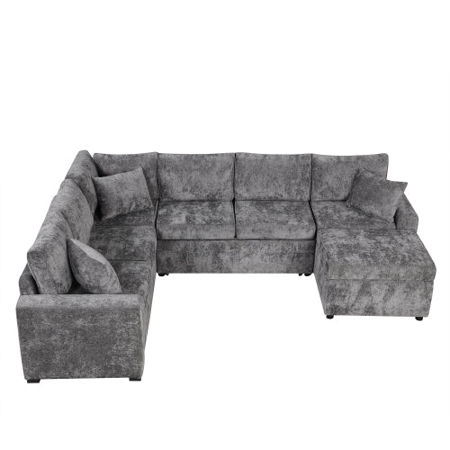 112.2" Sectional Sofa Pull-out Sofa Bed Sleeper with a Storage Ottoman,Three Pillows and Charging Devices for Living Room, Grey