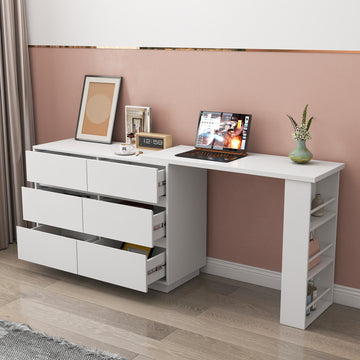 L Shaped Computer Desk with Drawers, Modern Corner Home Office Desk with Reversible Storage Cabinet, Long Study Writing Desk Workstation for Home Office