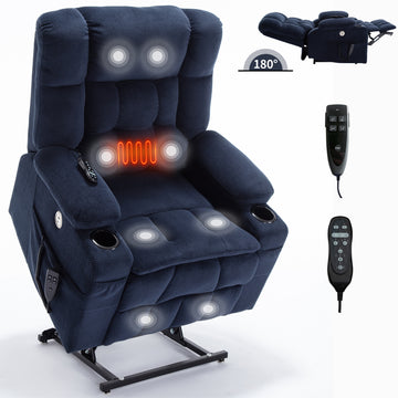 Blue/Grey/Brown Dual Motor Infinite Position Up to 350 LBS Chenille Power Lift Recliner Chair, Heavy Duty Motion Mechanism with 8-Point Vibration Massage and Lumbar Heating, Dual Cup Holders