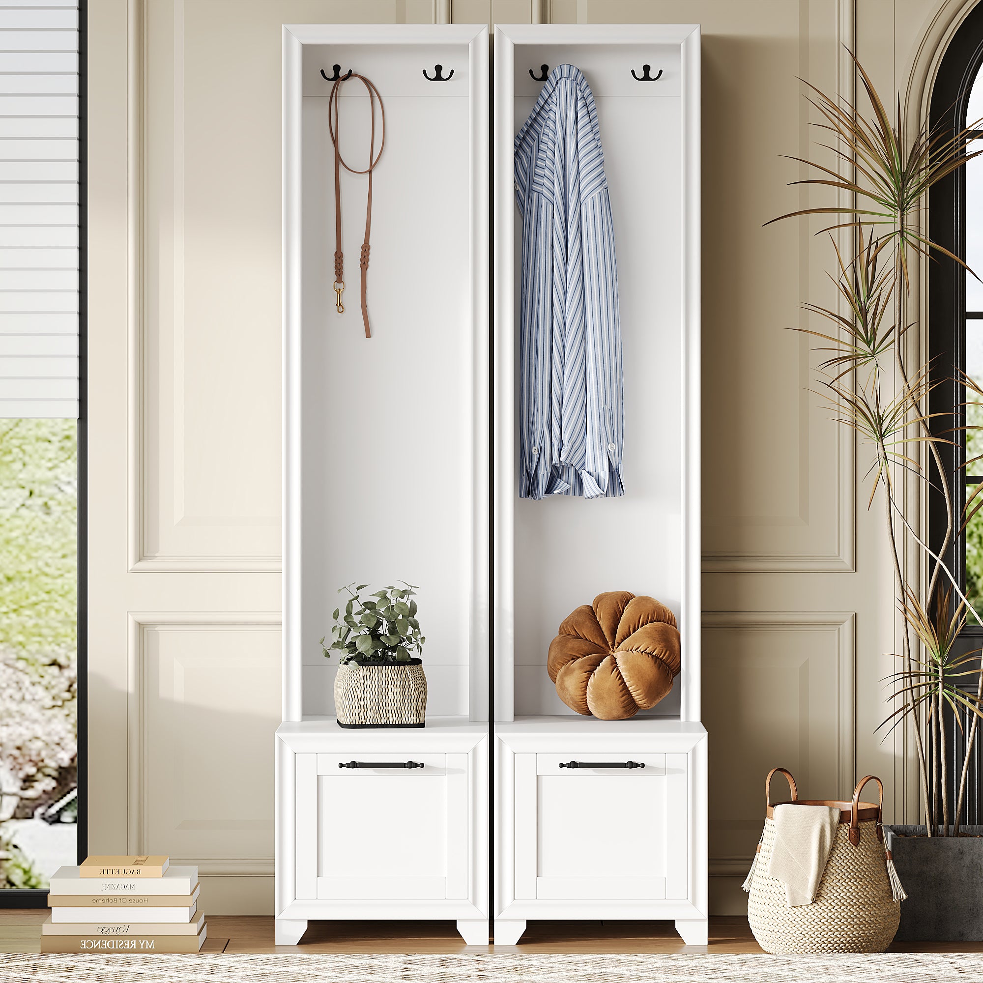ON-TREND Elegant Free Standing Hall Tree Set of 2, Multifunctional 3-IN-1 Entryway Coat Rack with Black Retro Handles, Seating Bench with Storage Drawers for Hallway, Living Room, White/Black, 31.4"W*70.8"H
