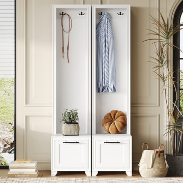 ON-TREND Elegant Free Standing Hall Tree Set of 2, Multifunctional 3-IN-1 Entryway Coat Rack with Black Retro Handles, Seating Bench with Storage Drawers for Hallway, Living Room, White/Black, 31.4