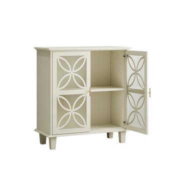 Sideboard Buffet Storage Cabinet , Freestanding Bathroom Cabinet With Tempered Glass Doors, Modern Retro Kitchen Console Table, 2-Door Decorative Storage Cabinet,Cream Color