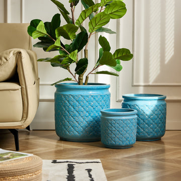 Handmade Ceramic Flower Pot Set of 3, 15/12/9 Inch Diameter, Blue with Geometric Pattern, Breathable Clay,Blue