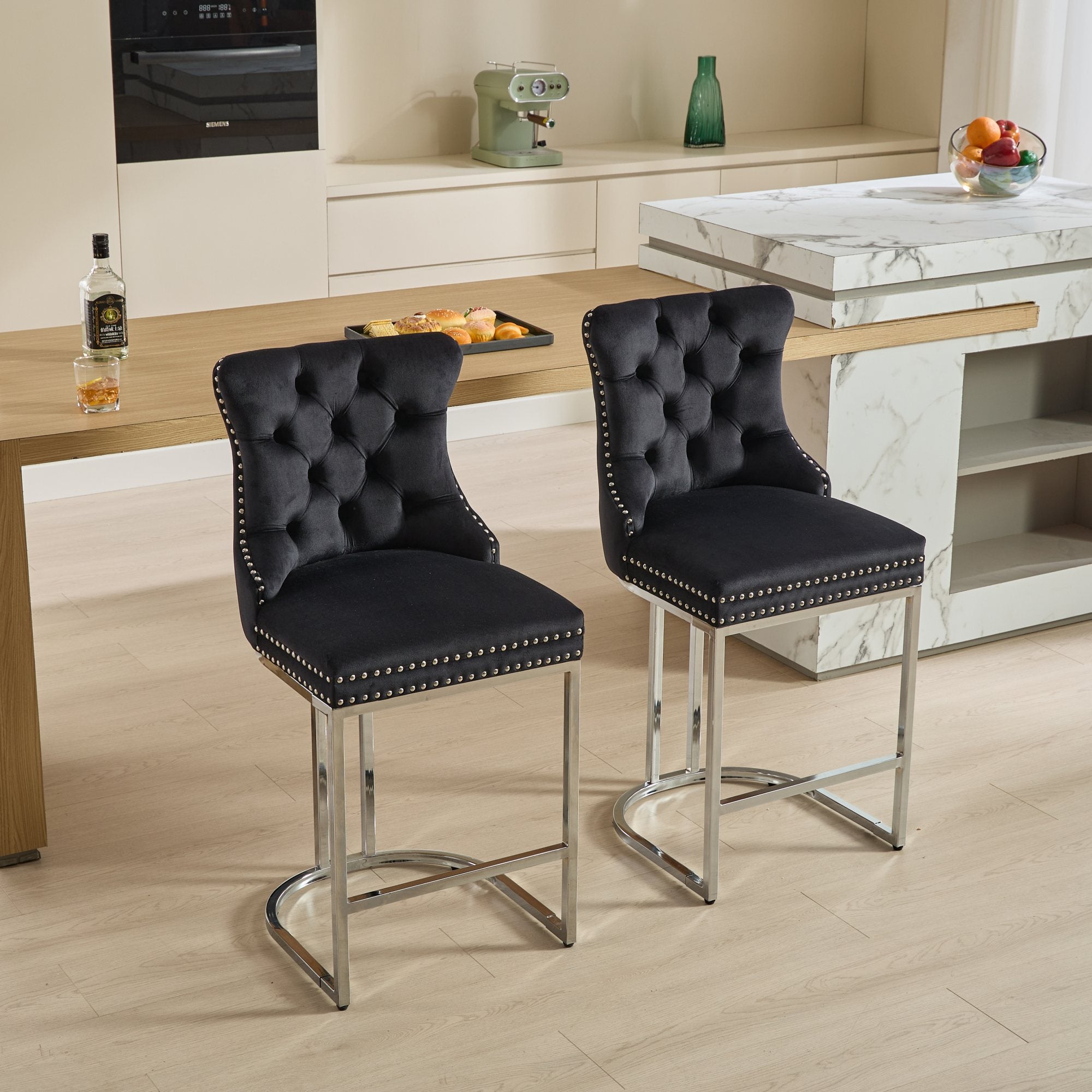 25" Counter Height Bar Stools Set of 2, Modern Velvet Barstools with Button Back&Rivet Trim Upholstered Kitchen Island Chairs with Sturdy Chromed Metal Base Legs Farmhouse Bar Stools, (Black/Blue,2 Pack)