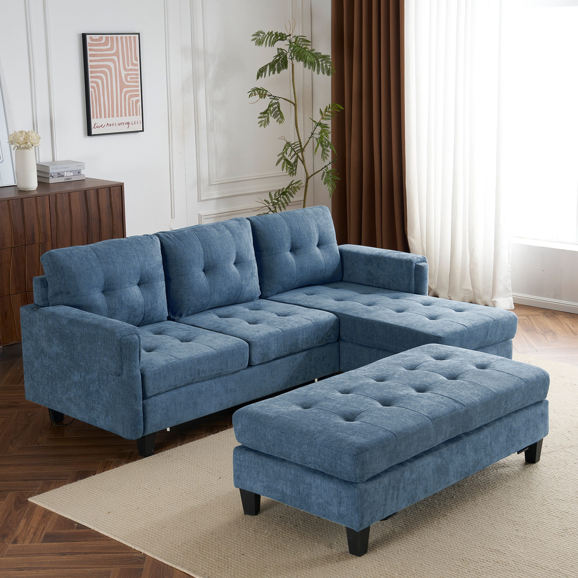 83.4" L-shaped Sofa Sectional Couch Sofa Bed with Two USB Ports, a Movable Ottoman and a Reversible Chaise Lounge for Living Room, Navy Blue/Beige/Grey