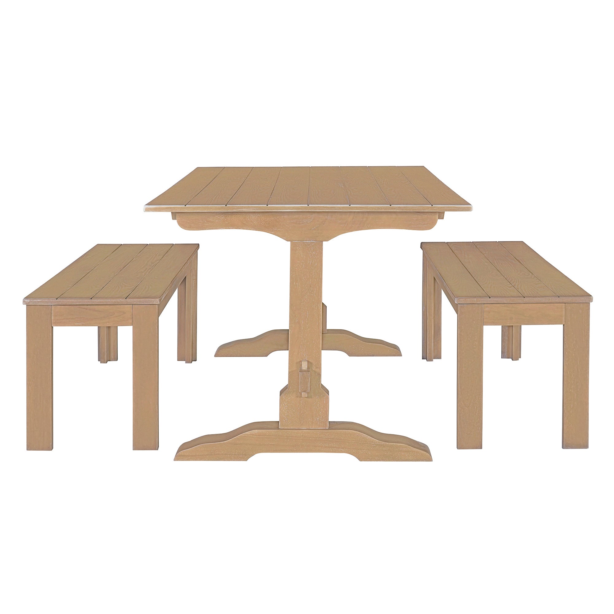 3-Piece Retro Dining Set, Rectangular Trestle Table and 2 Wooden Benches for 4 People for Dining Room and Kitchen (Natural Wood)