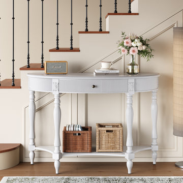 Half Moon Fluted Console Table, Solid Wood Carved Leg Entryway Sofa Table with Drawer and Shelf