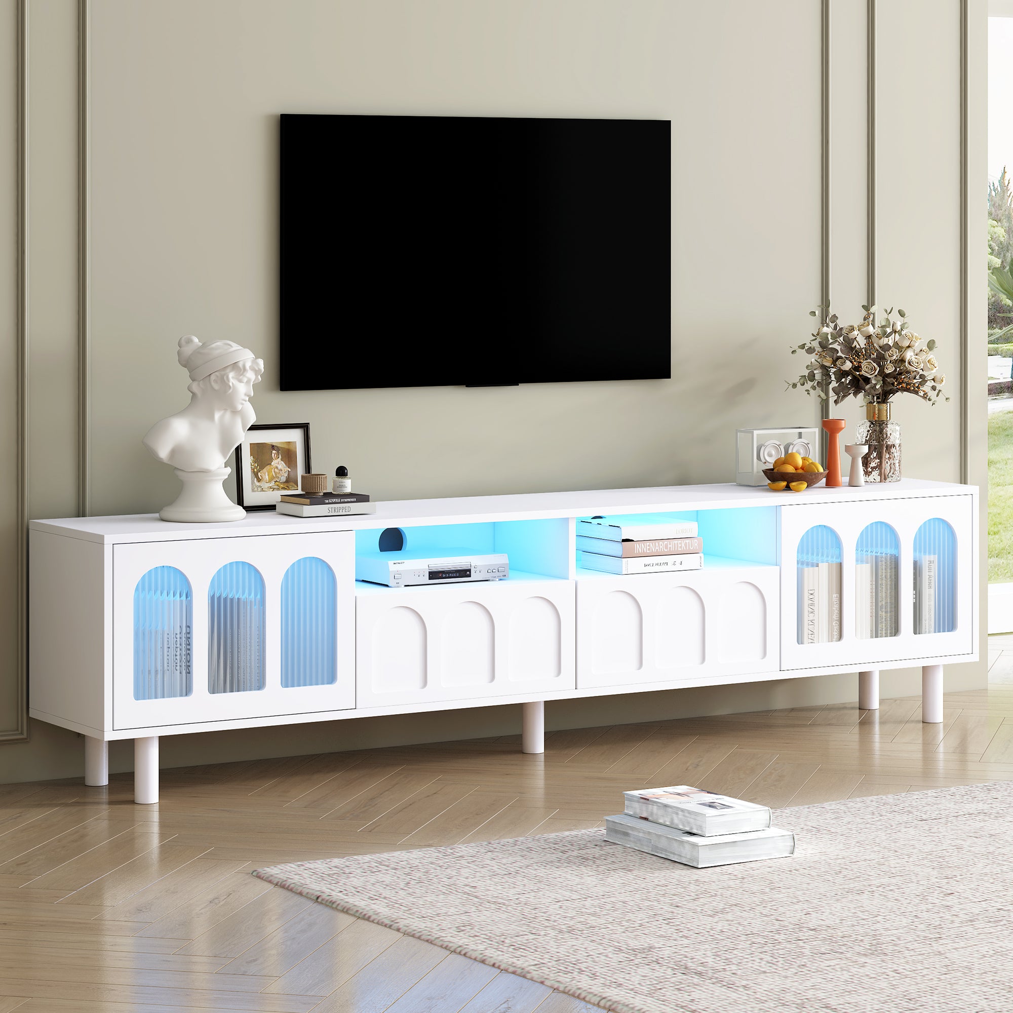 Cream Style TV Stand with LED Light Strip for TVs Up to 80'', Graceful Entertainment Center with 5 Solid Wood Legs, Large Storage Media Console with Fluted Tempered Glass Doors, White/Black