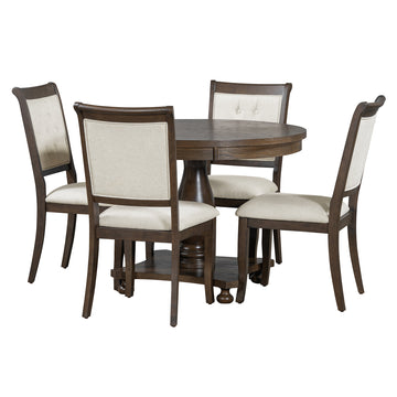 5-Piece Retro Dining Set, Round Table with Pedestal Table Base and 4 Upholstered Chairs for Dining Room and Kitchen (Espresso)