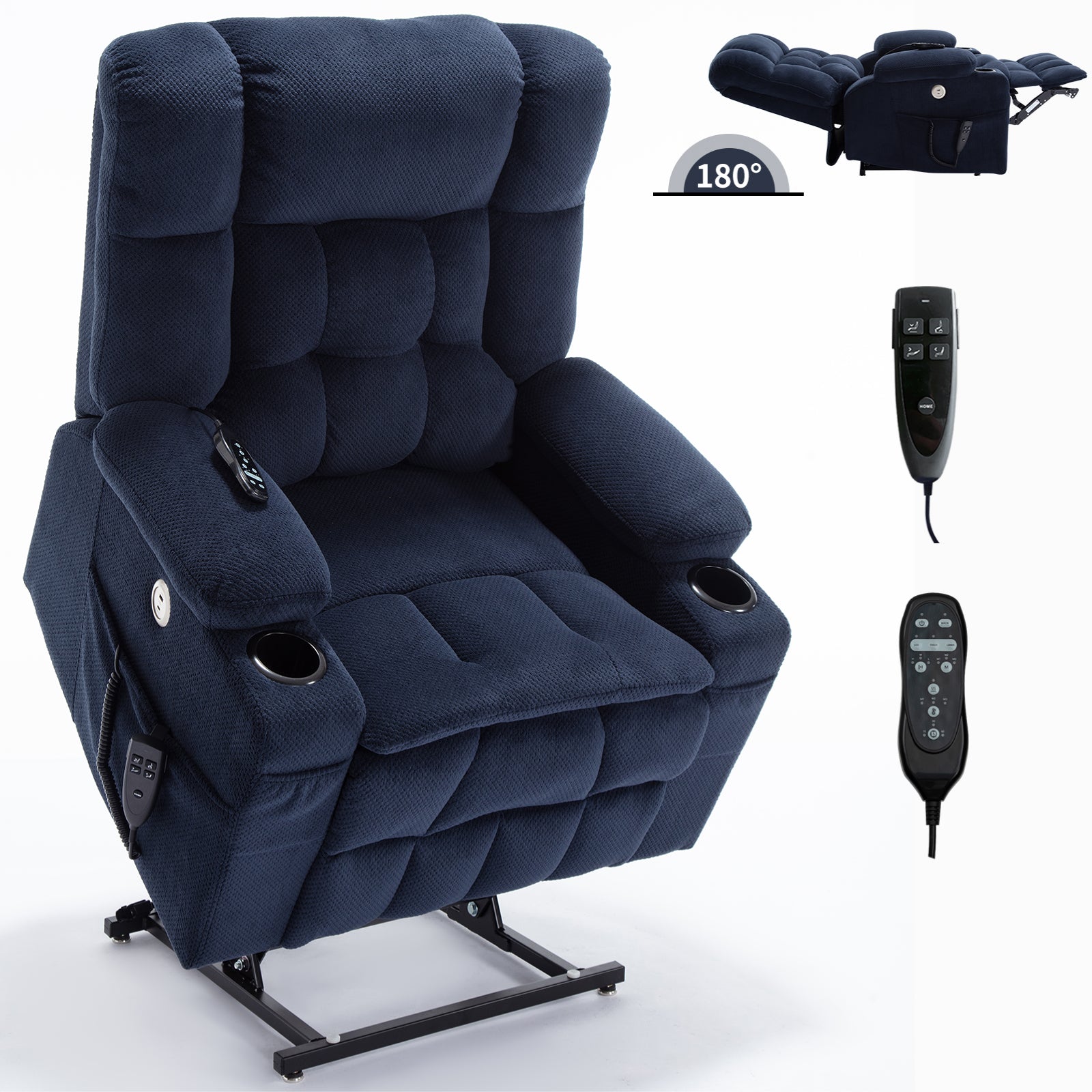 Blue/Grey/Brown Dual Motor Infinite Position Up to 350 LBS Chenille Power Lift Recliner Chair, Heavy Duty Motion Mechanism with 8-Point Vibration Massage and Lumbar Heating, Dual Cup Holders