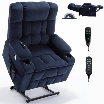 Blue/Grey/Brown Dual Motor Infinite Position Up to 350 LBS Chenille Power Lift Recliner Chair, Heavy Duty Motion Mechanism with 8-Point Vibration Massage and Lumbar Heating, Dual Cup Holders