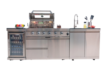 46-Inch 4-Burner 72000 BTU Deluxe Stainless Steel Gas Outdoor Kitchen Bar Barbecue Island Grill + Wine Cooler Compact Refrigerator + Rotisserie + Granite Countertops + Storage Cabinets & Drawers