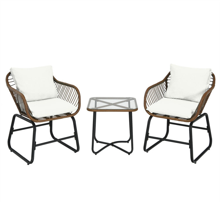 3 Pieces Patio Rattan Bistro Set with Cushions and Glass Table
