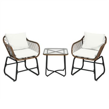3 Pieces Patio Rattan Bistro Set with Cushions and Glass Table