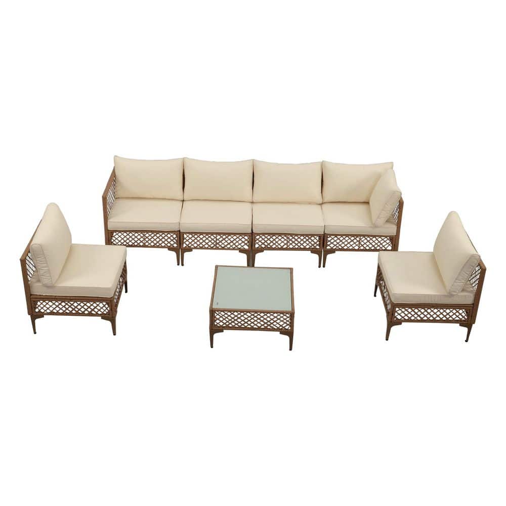 Vintage 7-Piece Wicker Outdoor Sectional Sofa Set Seating Group Conversation Set with Beige/Blue Cushions and a Coffee Table