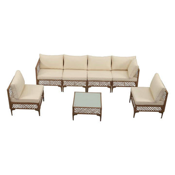 Vintage 7-Piece Wicker Outdoor Sectional Sofa Set Seating Group Conversation Set with Beige/Blue Cushions and a Coffee Table