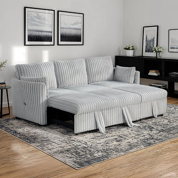 Faux Fur Gray Sectional with Pull Out - Plush Comfort and Modern Design for Effortless Relaxation and Extra Sleeping Space