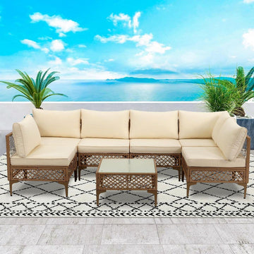 Vintage 7-Piece Wicker Outdoor Sectional Sofa Set Seating Group Conversation Set with Beige/Blue Cushions and a Coffee Table