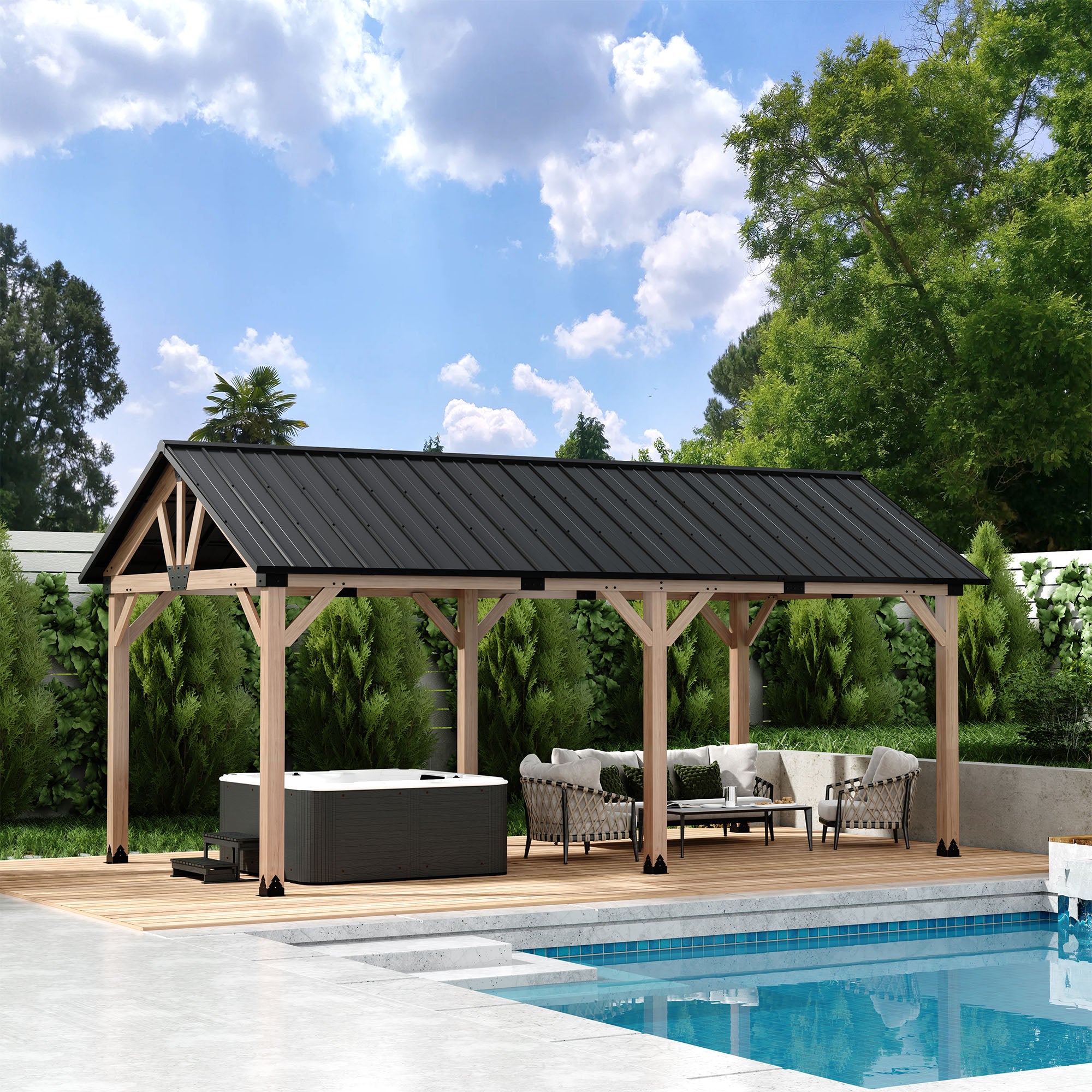 12 ft. x 20 ft. Outdoor Cedar Wood Frame Patio Gazebo Canopy Galvanized Steel Gable Hardtop Roof for Patio Lawn Backyard