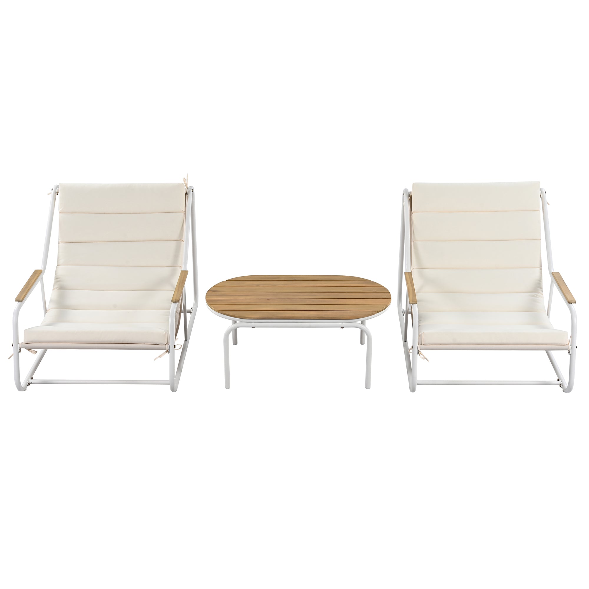 Outdoor Chaise Lounge Chairs Set of 3, Patio Chaise Lounge Chair with Acacia Side Table, Pool Lounge Chairs for Lawn, Deck, Beach, Beige+White