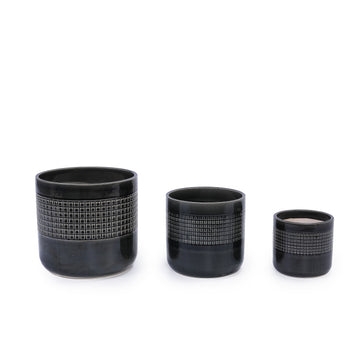 Handmade Black Glazed Ceramic Planter Set of 3 (5.51" to 9.65"), Indoor & Outdoor Flower Pots for Succulents,Breathable Textured Clay