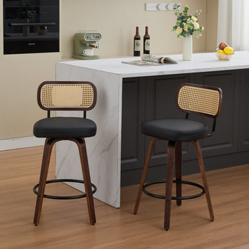 Set of 2/3 Counter Height Bar Stools - 26 inch Rattan Counter Height Stools with Cane Back, Upholstered Seat, Walnut Craftsmanship, Swivel Counter Stools for Island/Kitchen/Counter/Bar