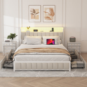 Queen Size Platform Bed with 4 Drawers, Metal Bed Frame with LED Lights and Charging Station, No Box Spring Needed, (Beige), Noise Free,Easy Assemble.