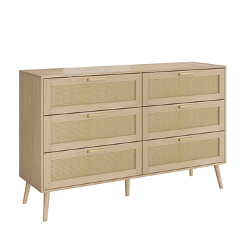 Rattan 6 Drawers Chest of Dressers for Bedroom, Modern 6 Drawer Dresser, Wide Chest of Drawers with wood Handles, Rattan Dresser Storage Cabinet for Living Room, Bedroom, Hallway