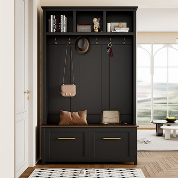 Versatile 4-in-1 Hall Tree with 6 Golden Hooks, Wood Grain Bench with Multiple Storage Space, Entryway Coat Rack with 2 Drawers for Living Room, Hallway, White/Balck, 76.6''H