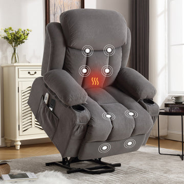Power Lift Recliner Chair with Heat and Massage Electric Fabric Recliner Chair for Elderly with Side Pocket,Remote Control for Living Room (GREY)