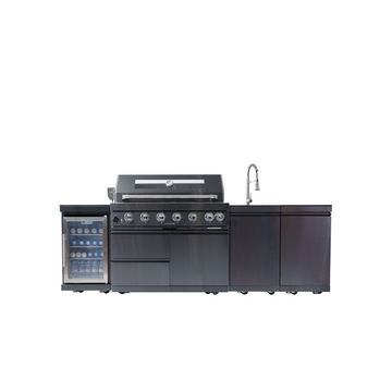 43-Inch 6-Burner 85000 BTU Deluxe Stainless Steel Gas Outdoor Kitchen Bar Barbecue Island Grill + Wine Cooler Compact Refrigerator + Rotisserie kit + Granite Countertops + Stainless steel Sink