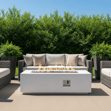 Outdoor Rectangle Propane Fire Pit Table 60inch, 60,000 BTU Concrete Fire Table with Waterproof Cover, Auto-Ignition, Free Lava Rocks