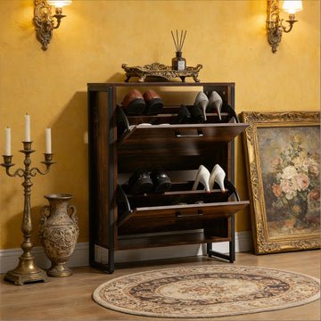 Freestanding Entryway Shoe Cabinet, Rustic Brown 2 Drawers Storage Shoe Organizer for Hallway