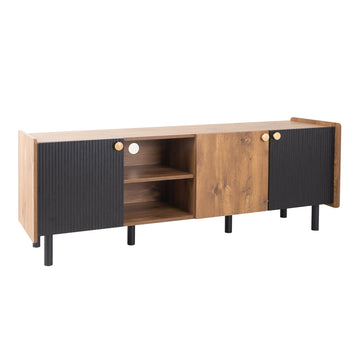 Mid Century TV Stand with 3 Cabinets, Media Console Table for TVs up to 70'', Entertainment Center with Storage for Living room, Bedroom, Wood Color Top Panel & Handle