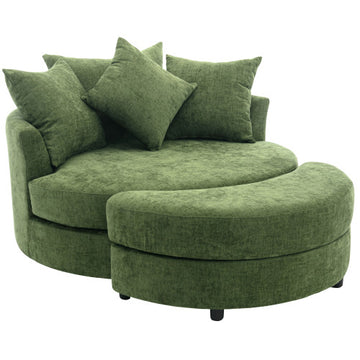 Orisfur. 360¡ã Swivel Accent Barrel Chair with Storage Ottoman & 4 Pillows, Modern Chenille Leisure Chair Round Accent for Living Room, Green