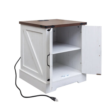 Farmhouse End Table with Charging Station, Rustic Wood Nightstand with Adjustable Shelf, 19.6