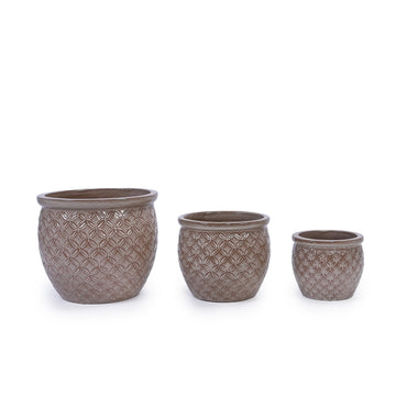Handmade Glazed Ceramic Planter Set of 3, 15/13/9 Inch Diameter, Ring Pattern,Breathable Clay, Beige