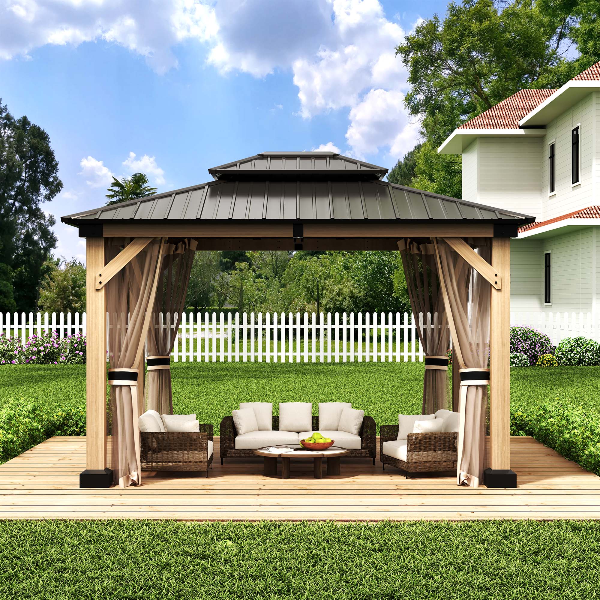 10*12ft Solid Cedar Wood Frame, Galvanized Steel Double Roof Gazebo, Equipped With Curtains And Mosquito Nets