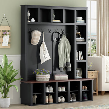 ON-TREND Farmhouse Wooden Style Hall Tree with 6 Hooks, Practical Walnut Storage Bench with Adjustable Shelves, 4-in-1 Entryway Shoe Cabinet with 13 Cubbies for Mudroom, Living Room, White/Black, 76.7